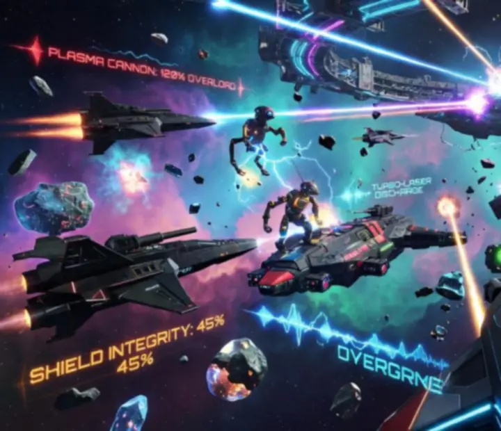 Űrcsata jelenet az Astro Duel 2 játékból, lövedékekkel és hajókkal